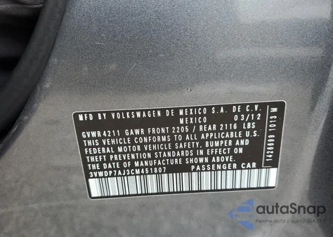 2012 Volkswagen Jetta Se z USA, uszkodzony, nr VIN 3VWDP7AJ3CM451807